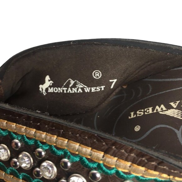 Montana West Sandals Womens Size 7 Brown Turquoise Wedge Flip Flop Rhinestone - Picture 4 of 11